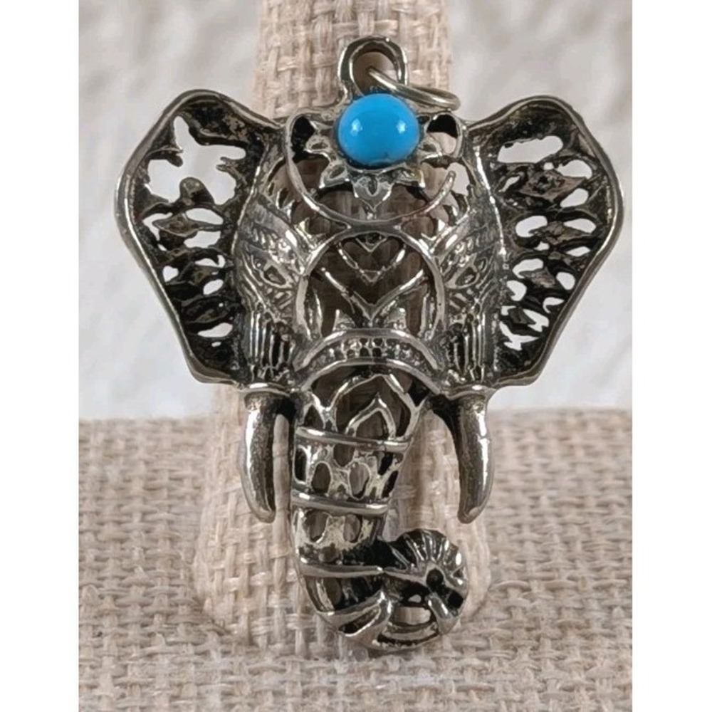 Silver Tone Filigree Elephant Pendant Turquoise Cabochon Boho Tribal Jewelry